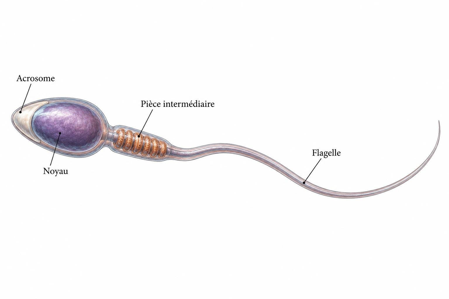 Planche du spermatozoïde avec acrosome, noyau, pièce intermédiaire et flagelle.