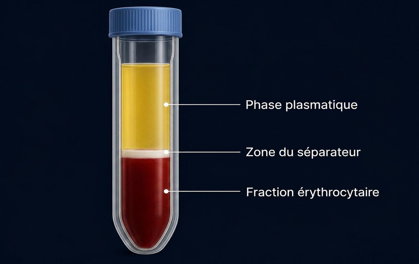 Illustration d'un tube après centrifugation montrant trois couches : plasma en haut, fine couche leucoplaquettaire au milieu, globules rouges au fond.