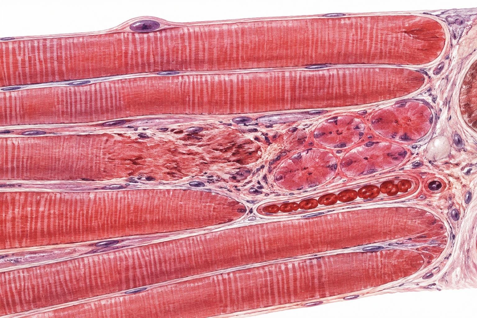 Illustration microscopique de fibres musculaires striées, de noyaux périphériques, d’une zone lésée et d’un petit vaisseau sanguin.