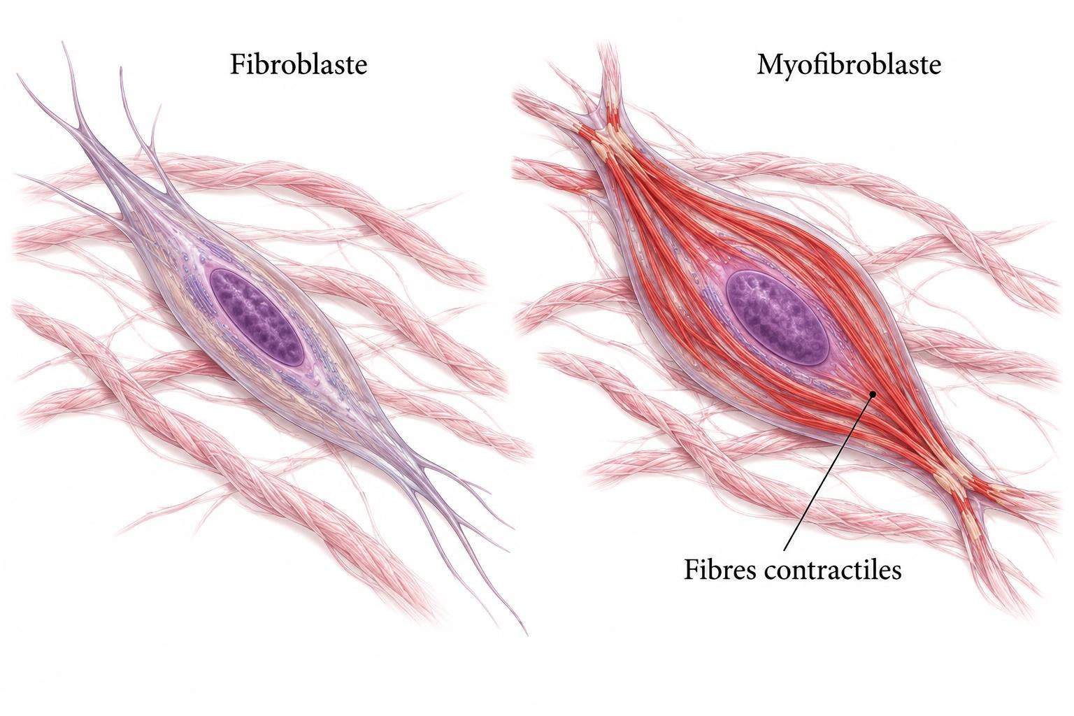 Comparaison illustrative d’un fibroblaste et d’un myofibroblaste doté de faisceaux contractiles intracellulaires.