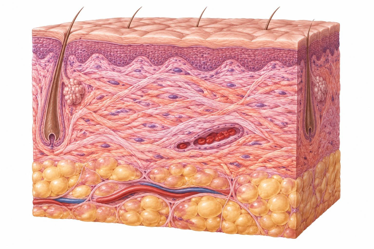 Coupe de peau illustrée : épiderme, derme contenant fibroblastes, collagène et vaisseaux, puis graisse sous-cutanée.