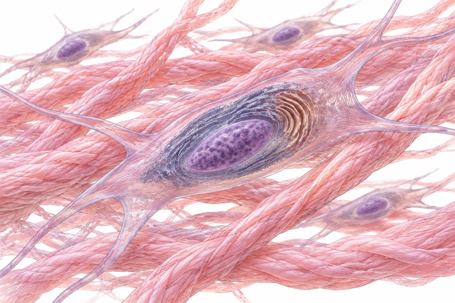 Illustration encyclopédique d’un fibroblaste fusiforme entre des faisceaux de collagène, avec noyau et organites représentés en coupe ; image synthétique, non micrographie.