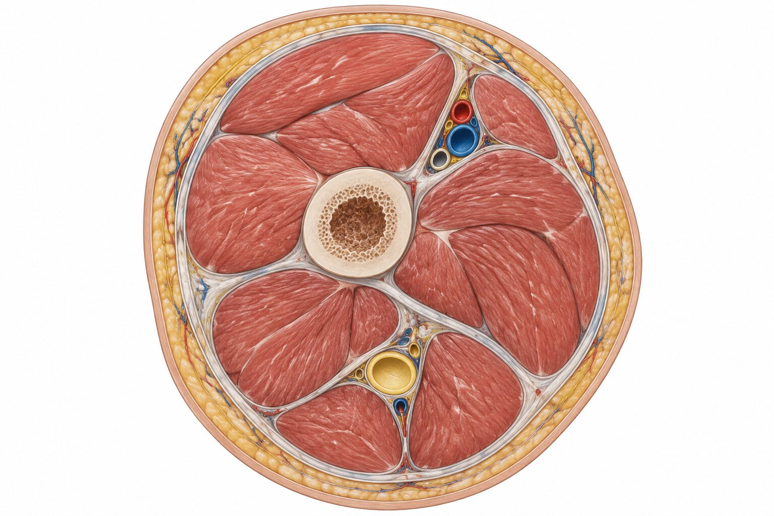 Coupe transversale de cuisse de style atlas : peau, tissu adipeux, fascia profond entourant les muscles, cloisons intermusculaires délimitant les loges, fémur et faisceaux vasculo-nerveux ; illustration synthétique.