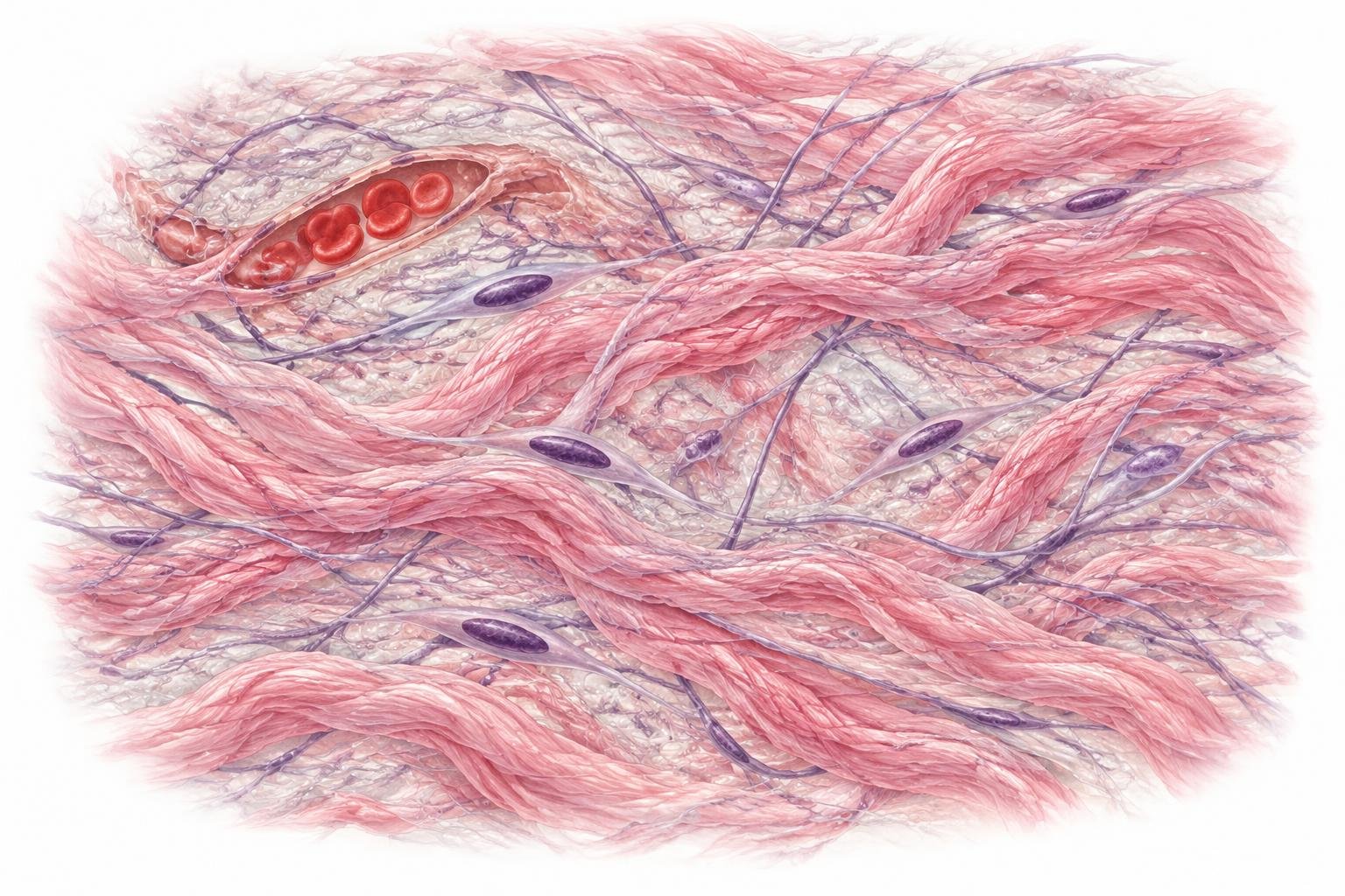 Illustration synthétique de tissu conjonctif : faisceaux de collagène roses, fibres fines, fibroblastes et petit vaisseau sanguin dans une matrice hydratée.