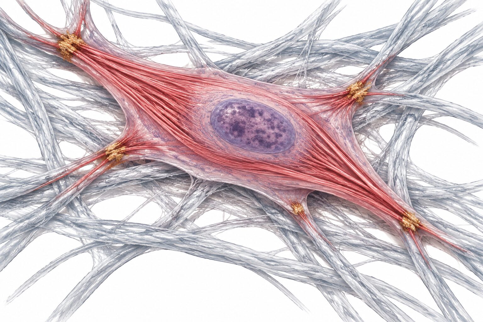 Illustration de style atlas d’un fibroblaste étalé sur un réseau de collagène, avec fibres de stress d’actine convergeant vers des adhérences focales ; image synthétique, non micrographie.
