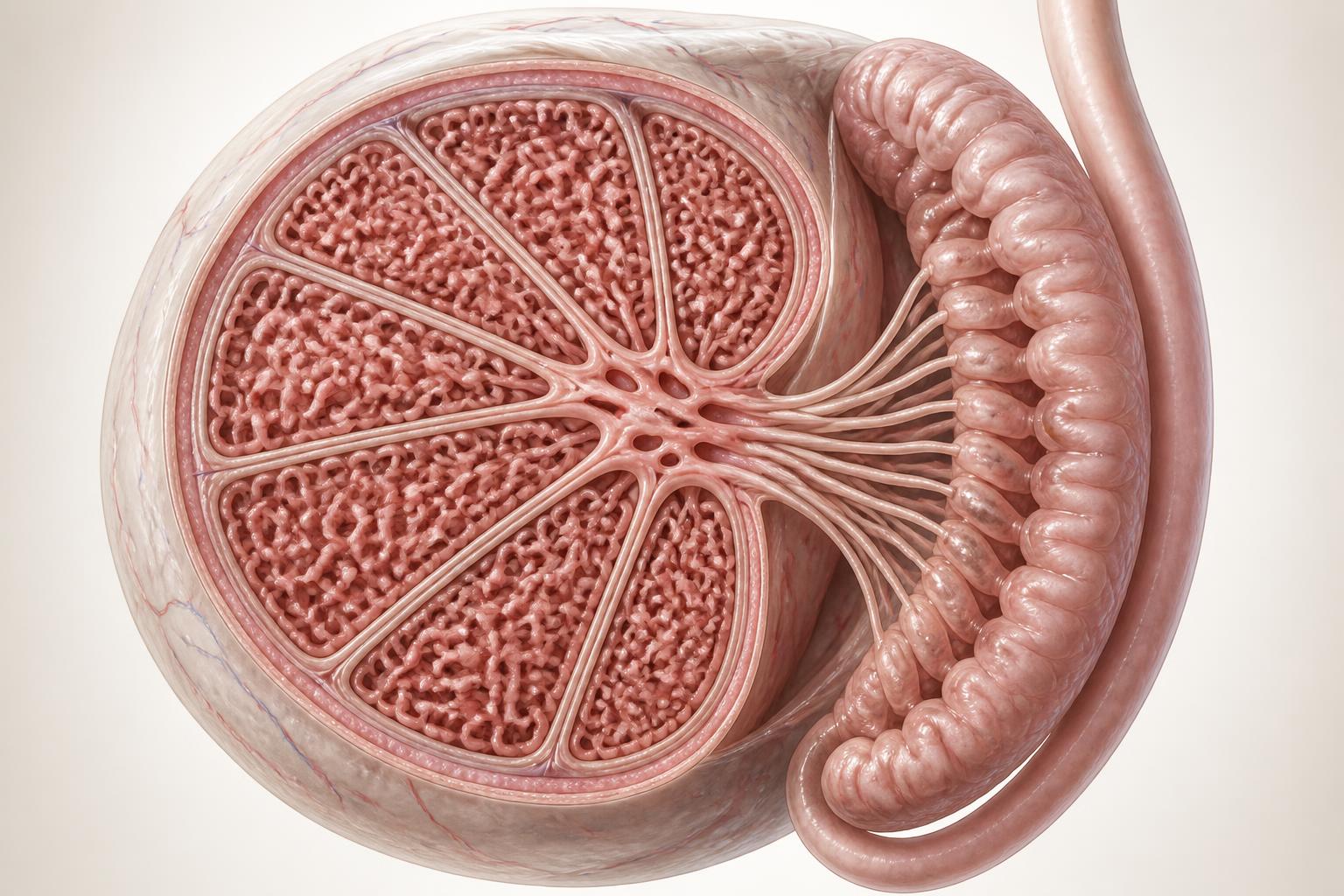 Coupe interne du testicule : lobules testiculaires, tubes séminifères convergents vers le rete testis, épididyme et tunique albuginée.