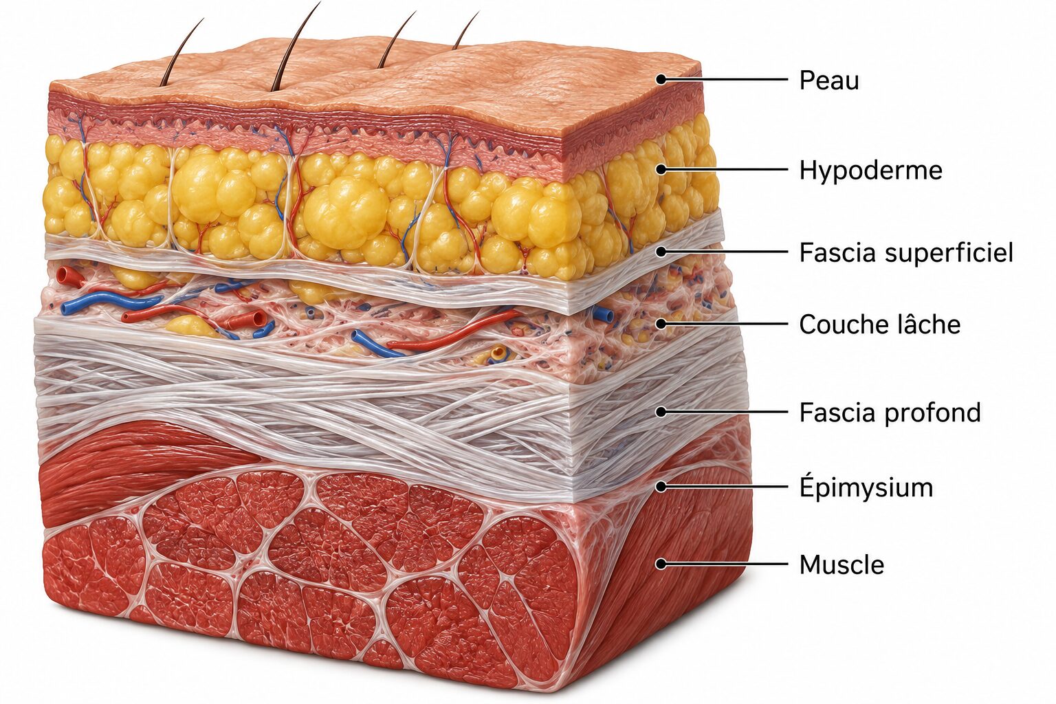Bloc tissulaire en coupe montrant de haut en bas la peau, l’hypoderme, le fascia superficiel, une couche lâche, le fascia profond, l’épimysium et le muscle.
