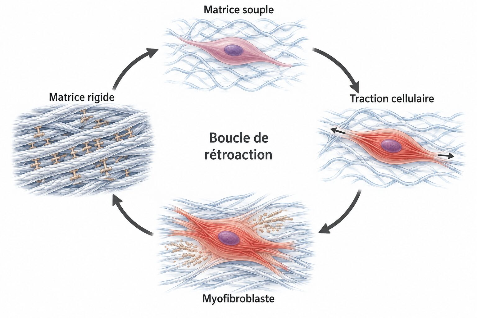 Boucle de rétroaction en quatre étapes : matrice souple, traction cellulaire, myofibroblaste déposant du collagène, matrice rigide qui renforce l’activation.