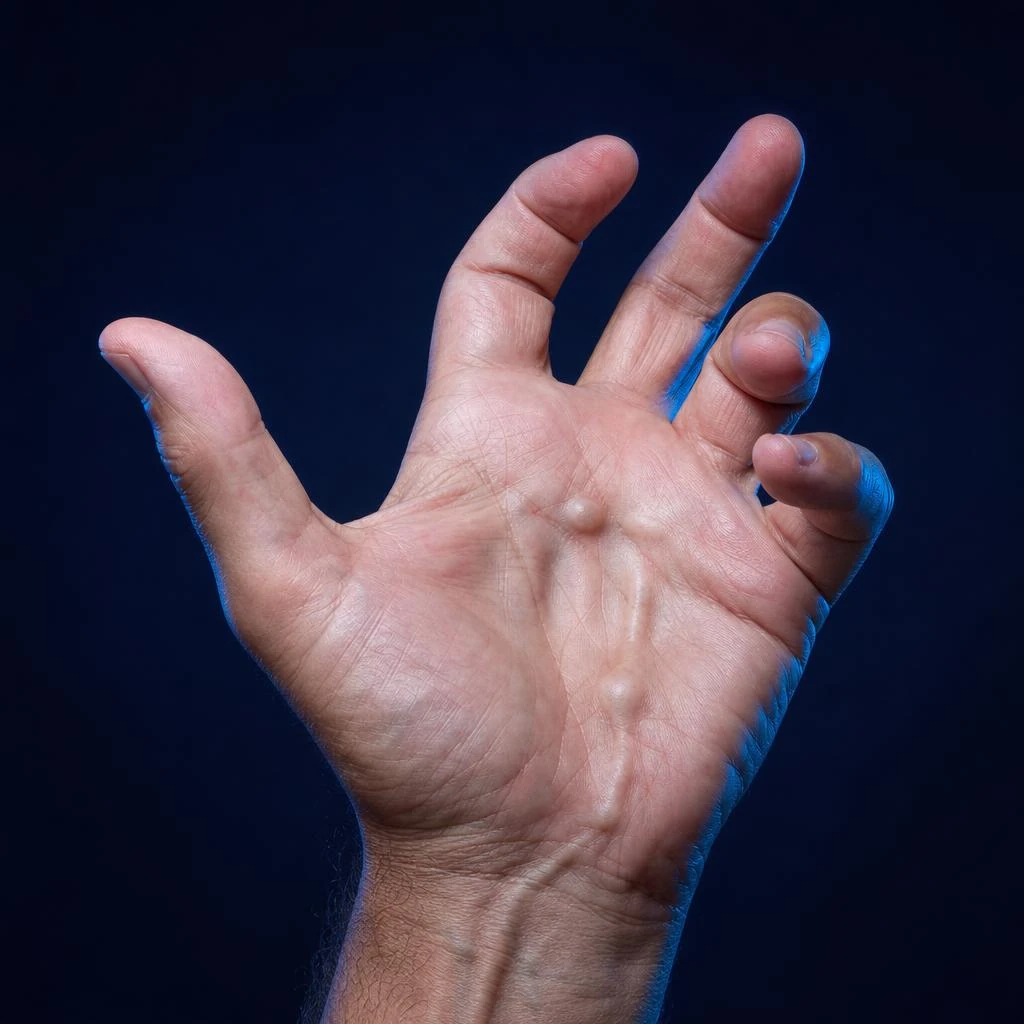 Main atteinte par la maladie de Dupuytren — nodule, corde fibreuse, rétraction