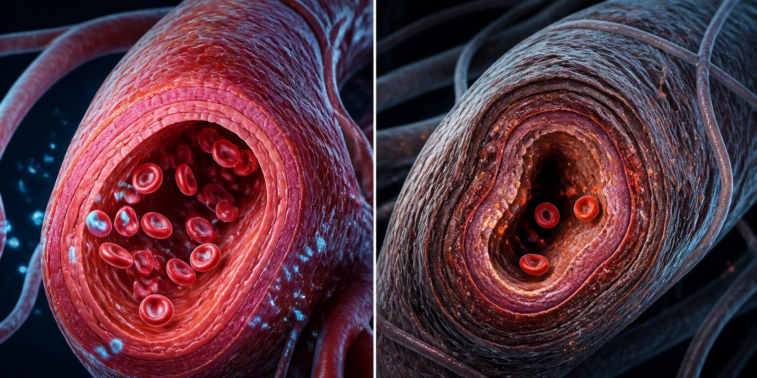Comparaison microscopique d'une artériole saine (gauche) et d'une artériole dysfonctionnelle (droite)