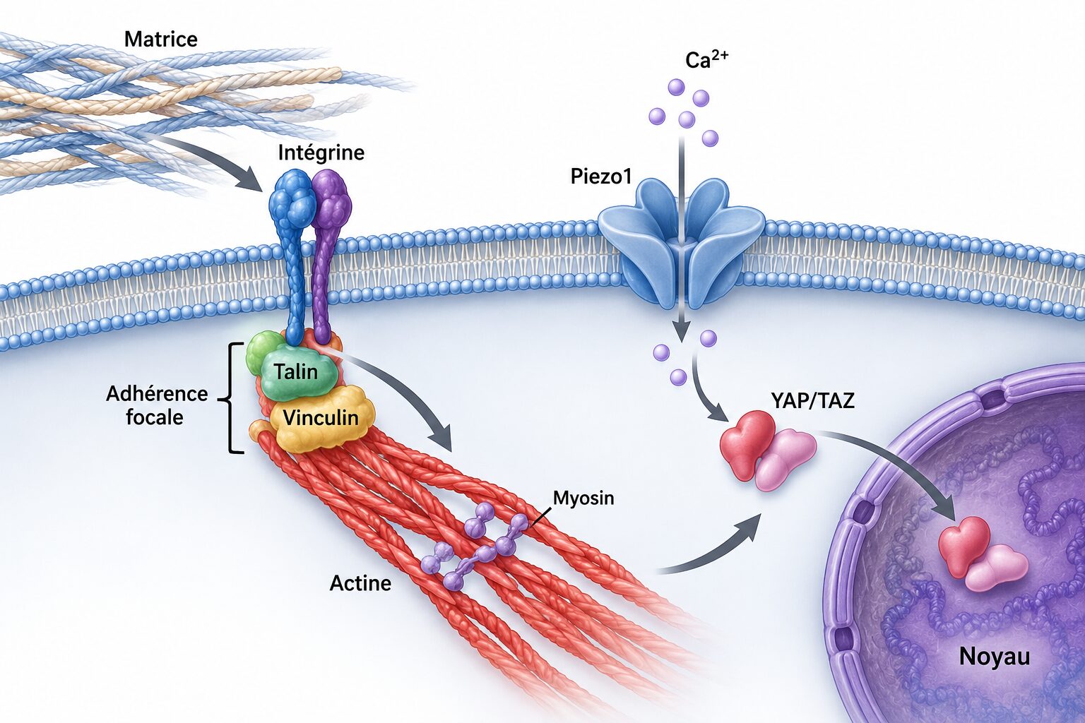 Schéma d’une voie de mécanotransduction : matrice, intégrine, adhérence focale (taline, vinculine), actine et myosine, canal Piezo1 laissant entrer le calcium, translocation de YAP/TAZ vers le noyau.