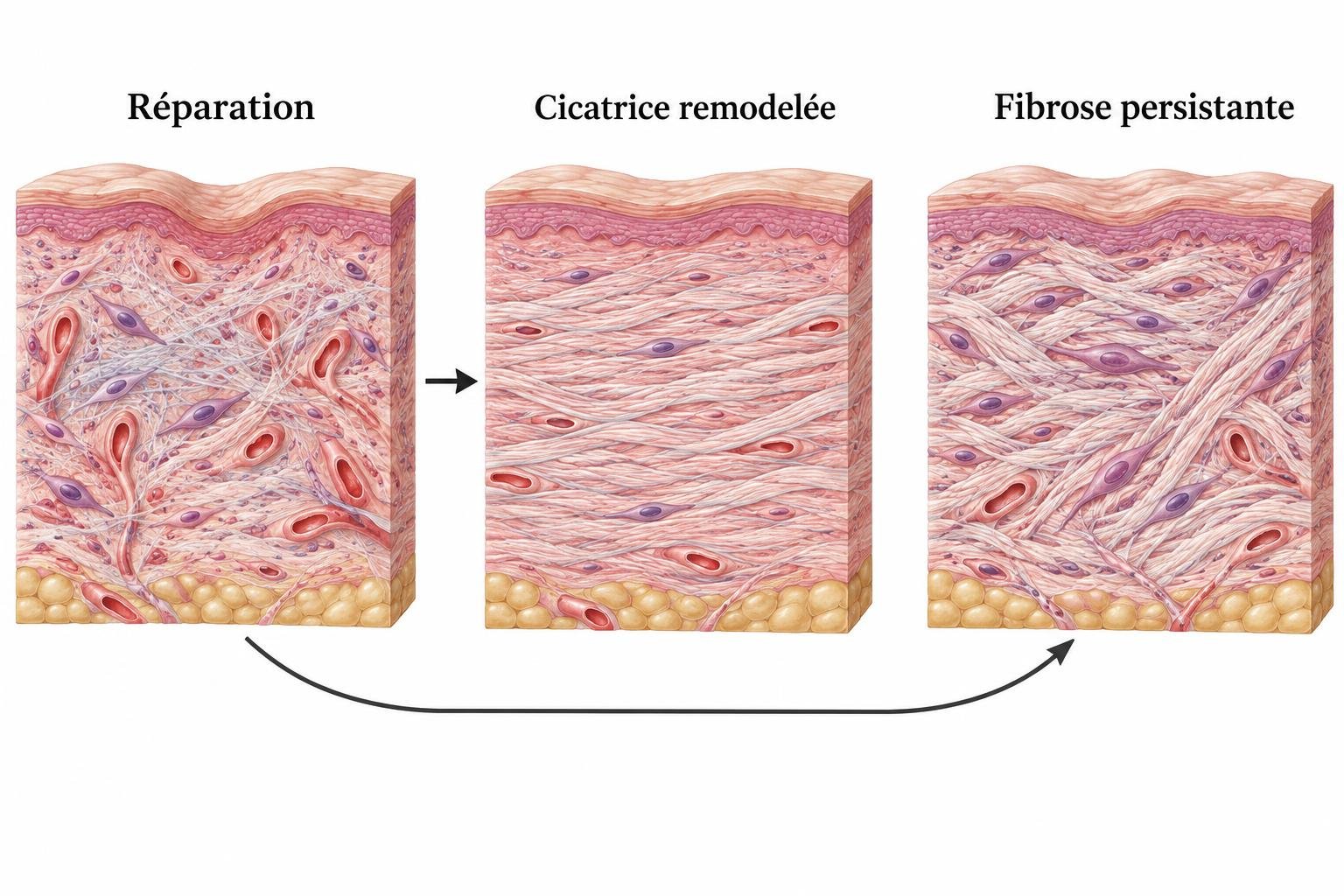 Réparation dermique, cicatrice remodelée et fibrose persistante : deux flèches partent du tissu en réparation vers les deux autres panneaux, sans passage obligatoire de la cicatrice à la fibrose.