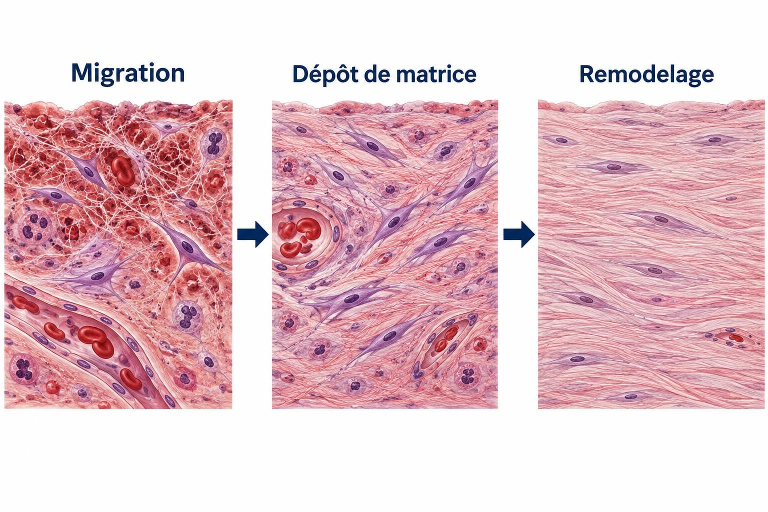 Trois scènes de réparation dermique : migration dans la matrice provisoire, dépôt de matrice puis remodelage ; flèches orientées de gauche à droite.