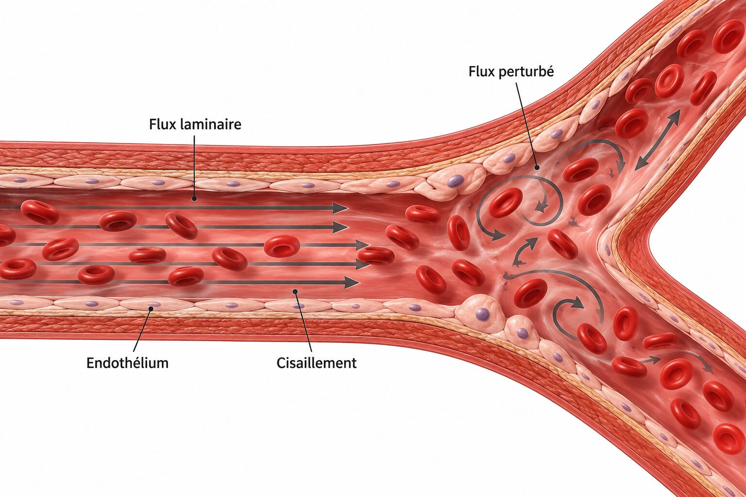Coupe d’artère : flux laminaire avec cellules endothéliales alignées, puis flux perturbé à une bifurcation avec cellules endothéliales désorganisées.