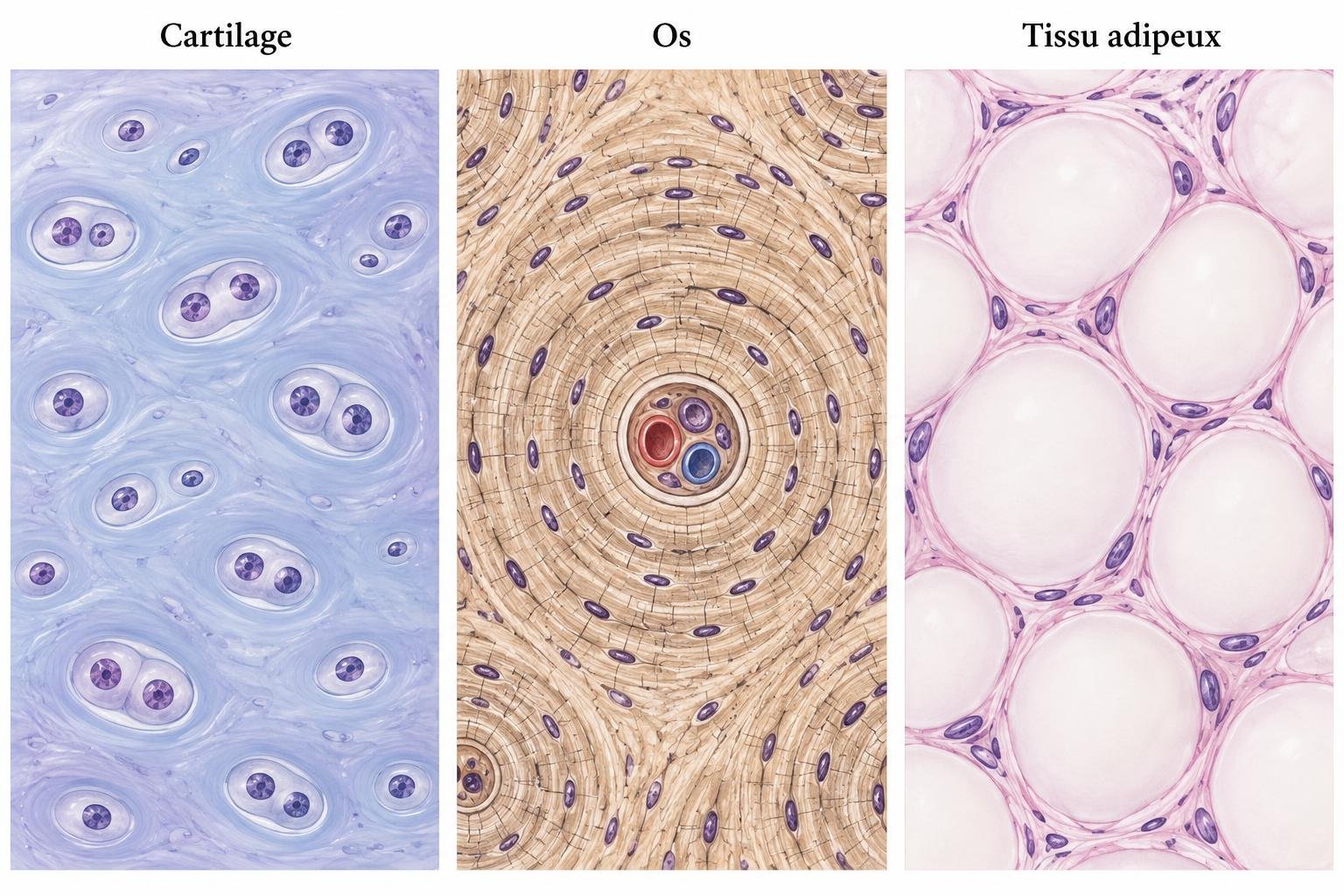 Cartilage avec chondrocytes dans des lacunes, os lamellaire avec ostéons et tissu adipeux avec adipocytes uniloculaires.