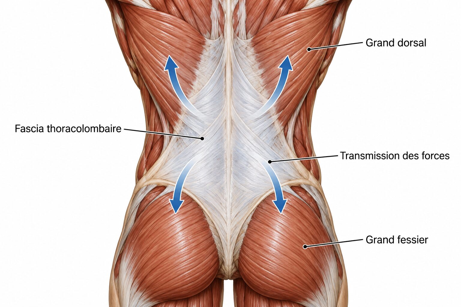 Vue postérieure du bas du dos : fascia thoracolombaire reliant le grand dorsal et le grand fessier, flèches figurant la transmission des forces.