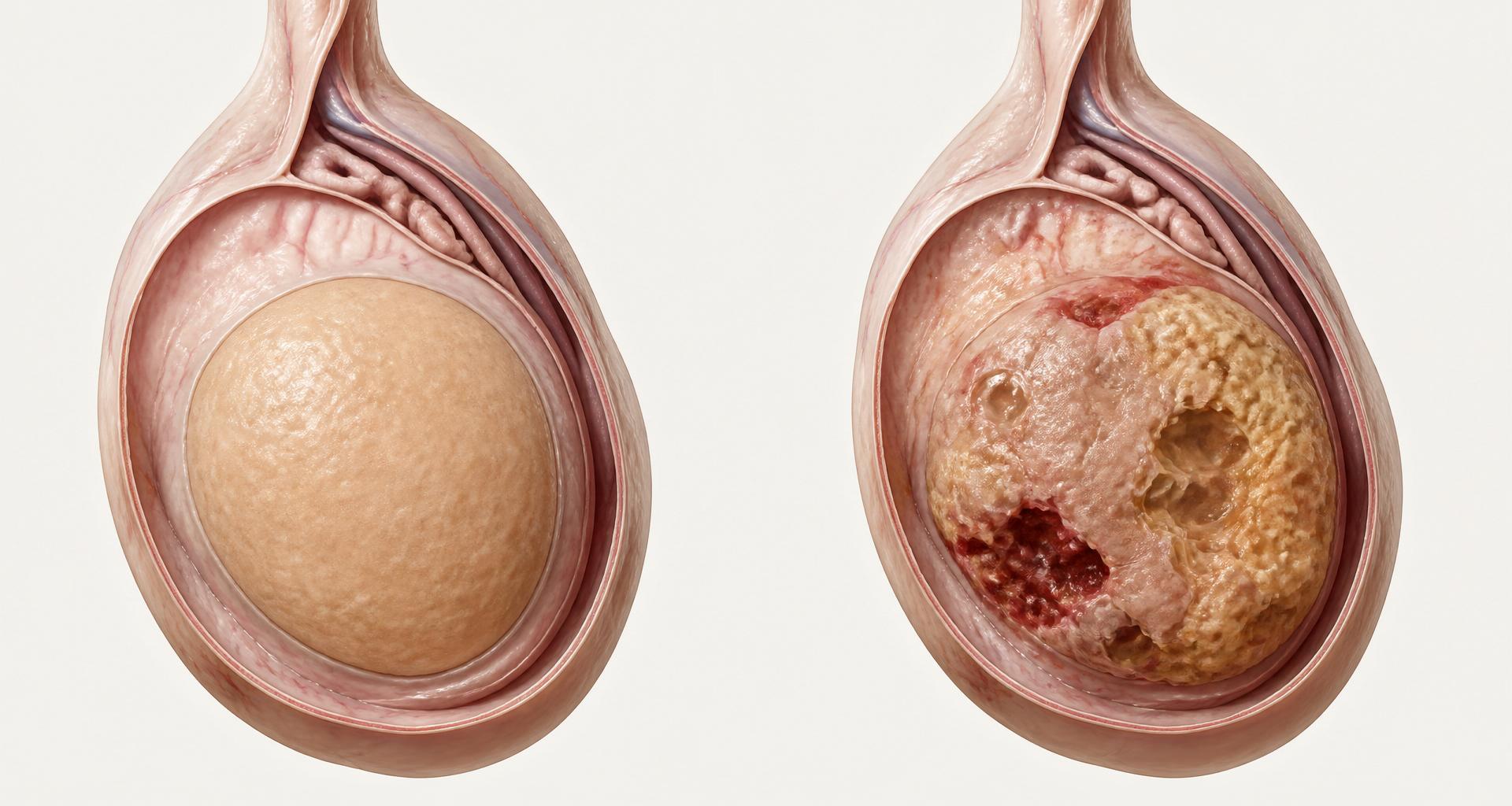 Comparaison histologique : séminome pur (tissu tumoral homogène) et tumeur germinale non séminomateuse (tissu hétérogène avec zones kystiques, hémorragiques et nécrotiques).